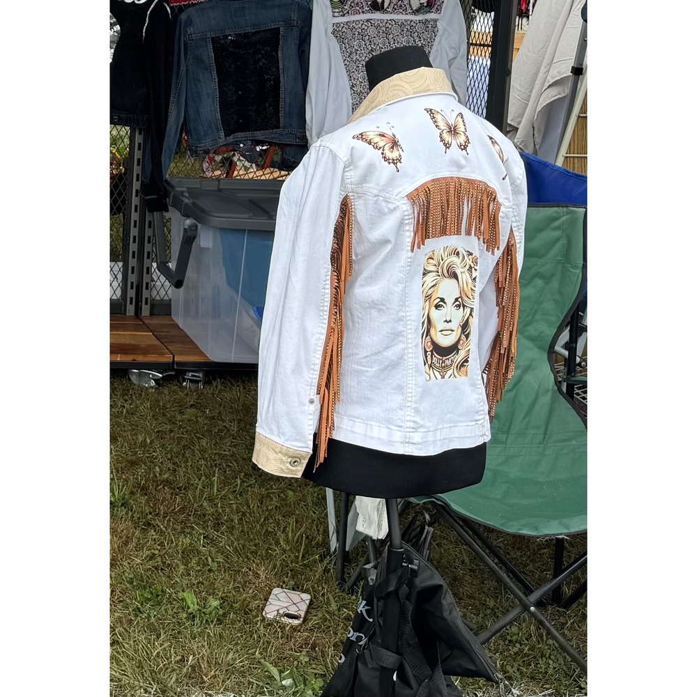 Custom Dolly Parton White Denim Fringe Western Jacket Women